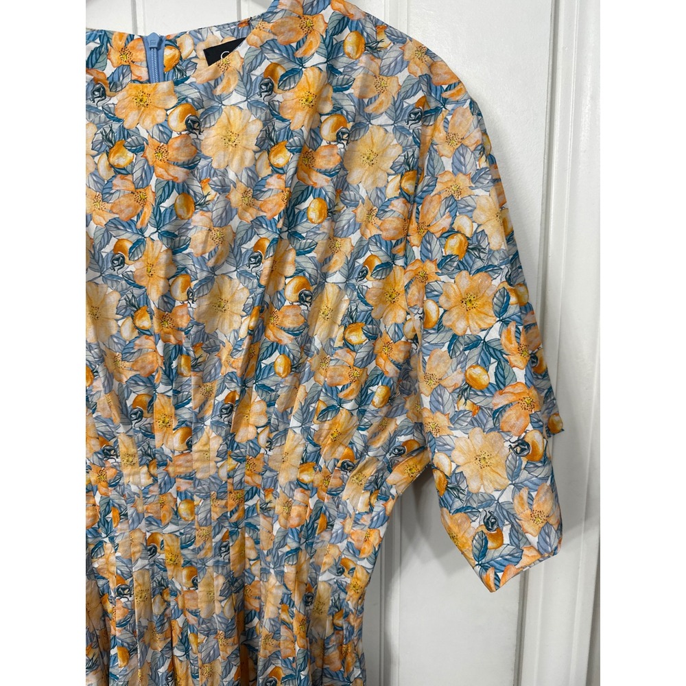 GIGIO USA Orange Blue Floral Smocked Waist Midi Dress Womens Size Medium V-Neck - Picture 4 of 10